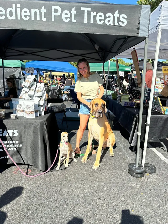 Michelle at the Rex Bites tent with Rex and a whippet friend